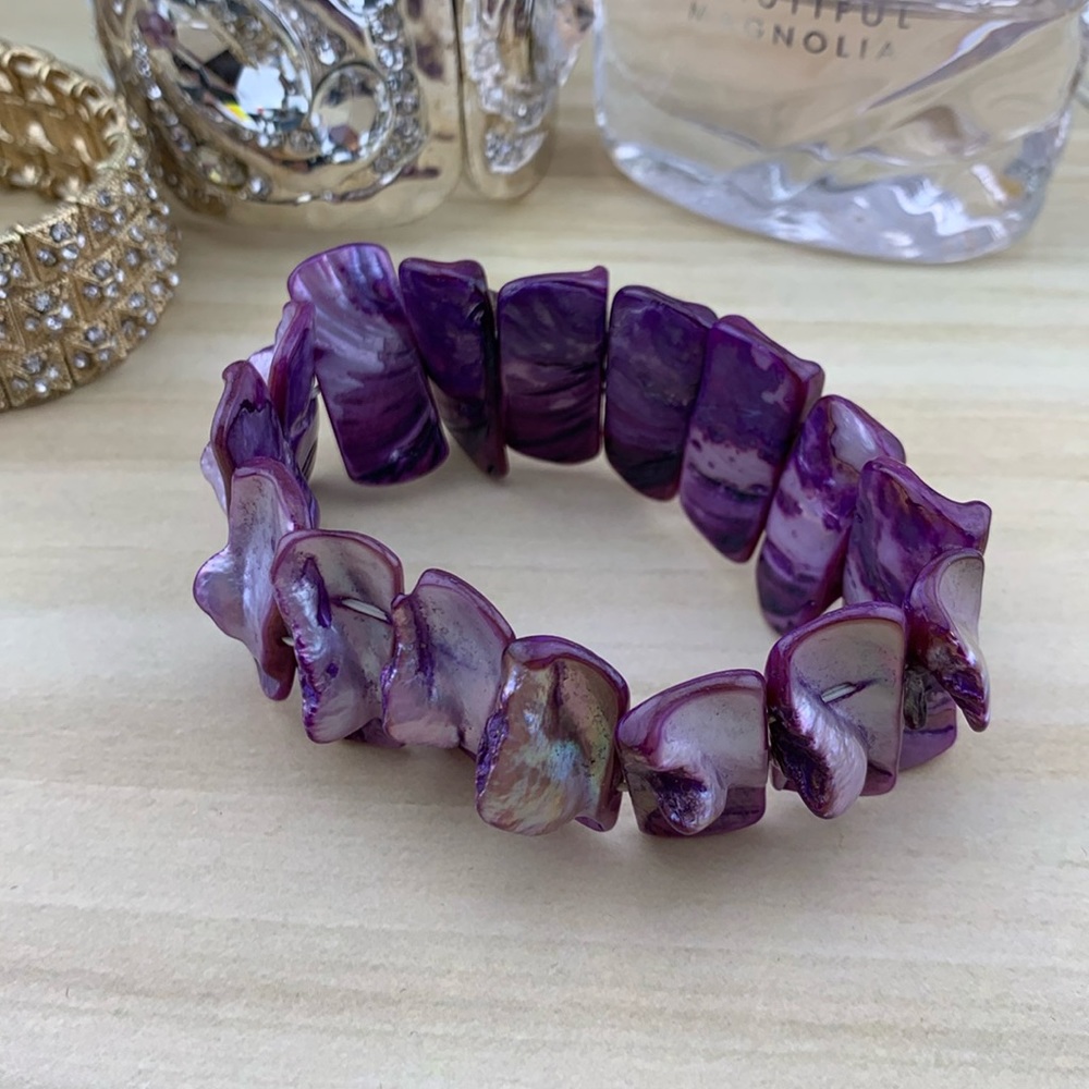 Purple Abalone Shell Cuff Stretchy Bracelet